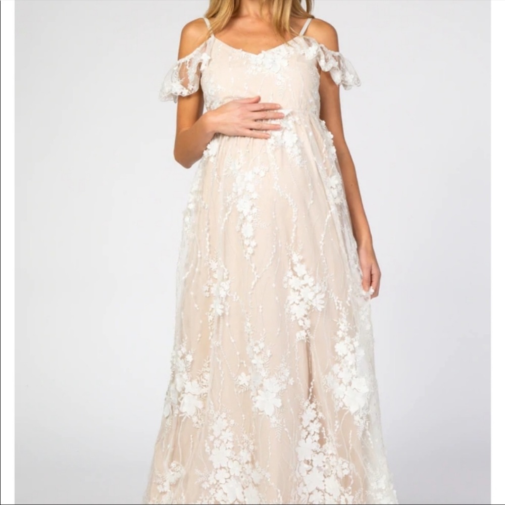 Minuet Pink Floral Embroidered Mesh Maternity Evening Gown Medium Pink